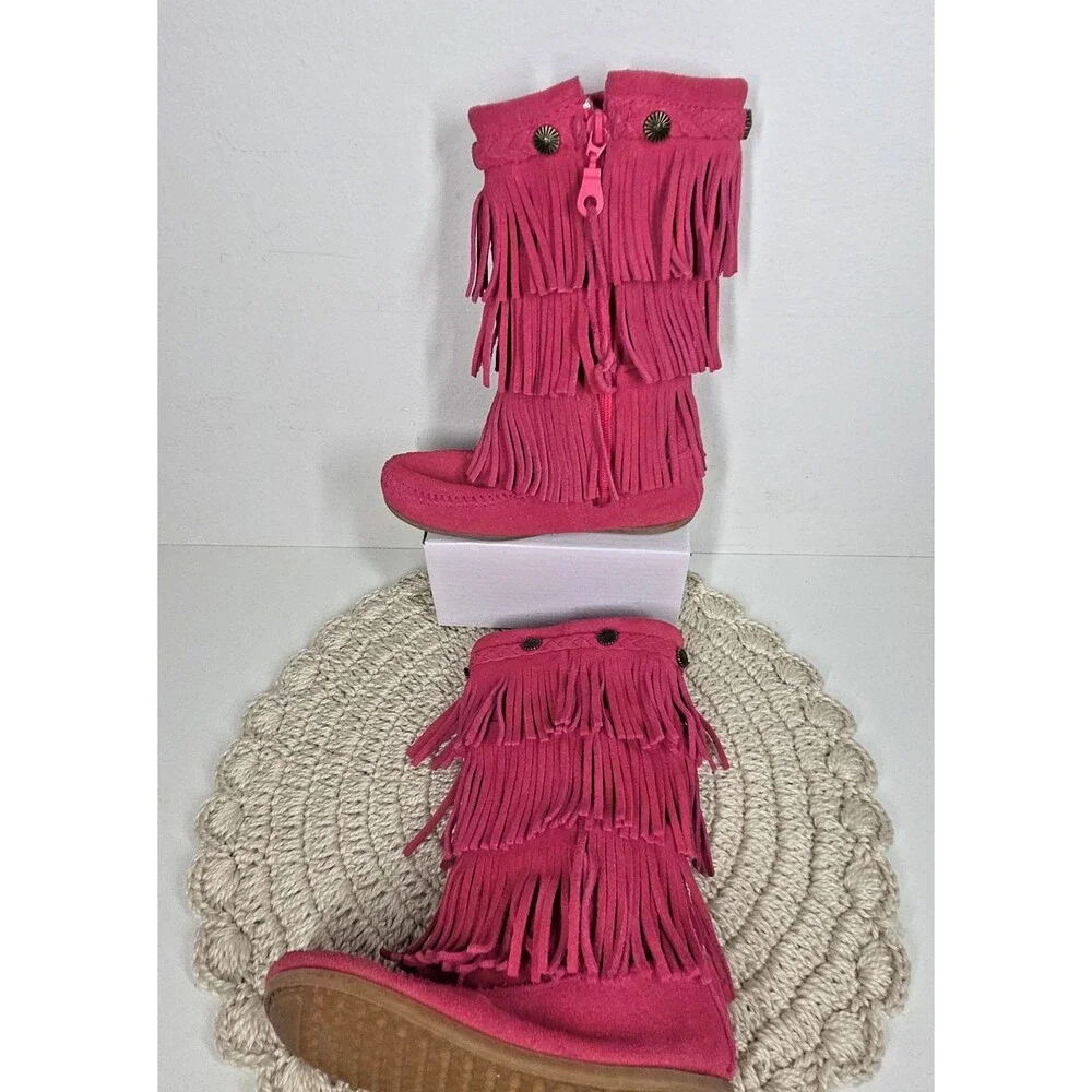 NEW Minnetonka 3 Layer Fringe Boots Girls 12 Pink Leather Suede Moccasin Barbie